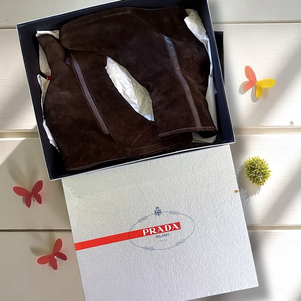 Prada size 38 sueded leather comfort wedges side zippers classic black logo 7.5 - Picture 6 of 10